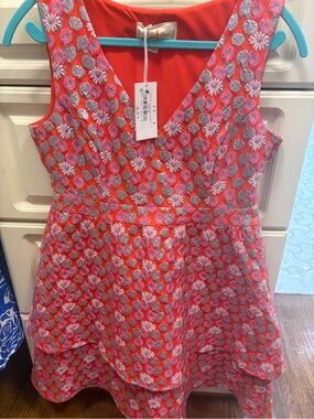 Floral Jacquard V-Neck Mini Dress in Coral Pink